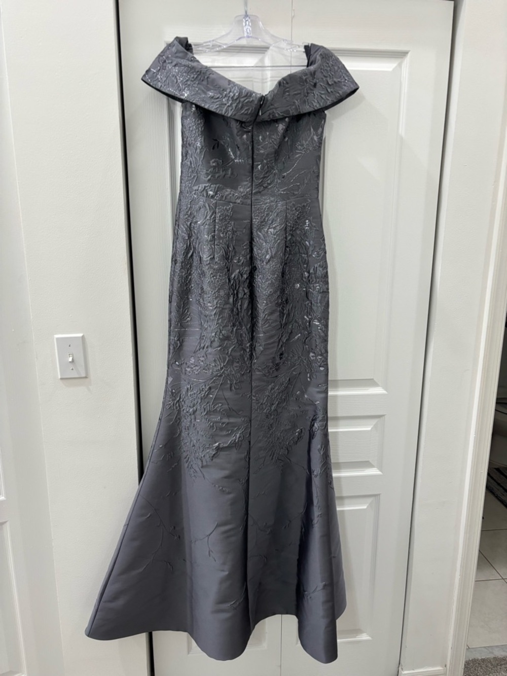 Feriani Couture Off-Shoulder Embroidered Fit and Flare Gown in Slate Gray - Picture 4 of 7